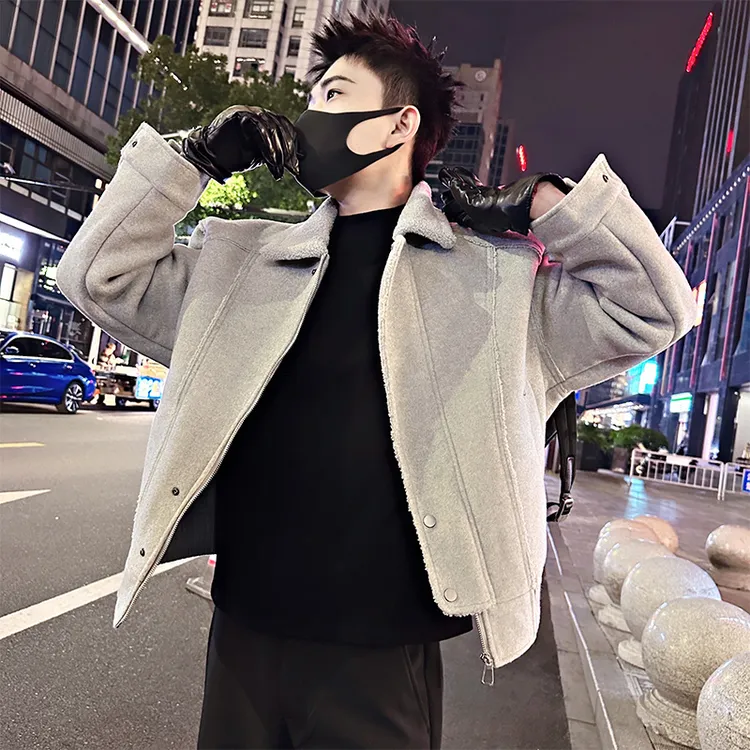 痞帅加厚皮毛一体棉服外套冬季时尚百搭新款宽松毛呢加绒袄子上衣