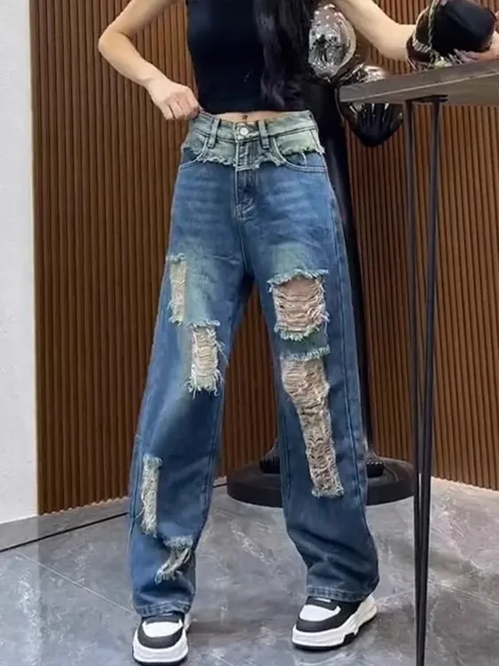 复古设计感拼接高腰牛仔裤女夏季新款宽松显瘦阔腿裤个性破洞长裤