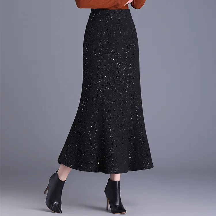 拉夏贝尔亮片半身裙女时尚修身包臀长裙2025新款秋冬季高腰鱼尾裙
