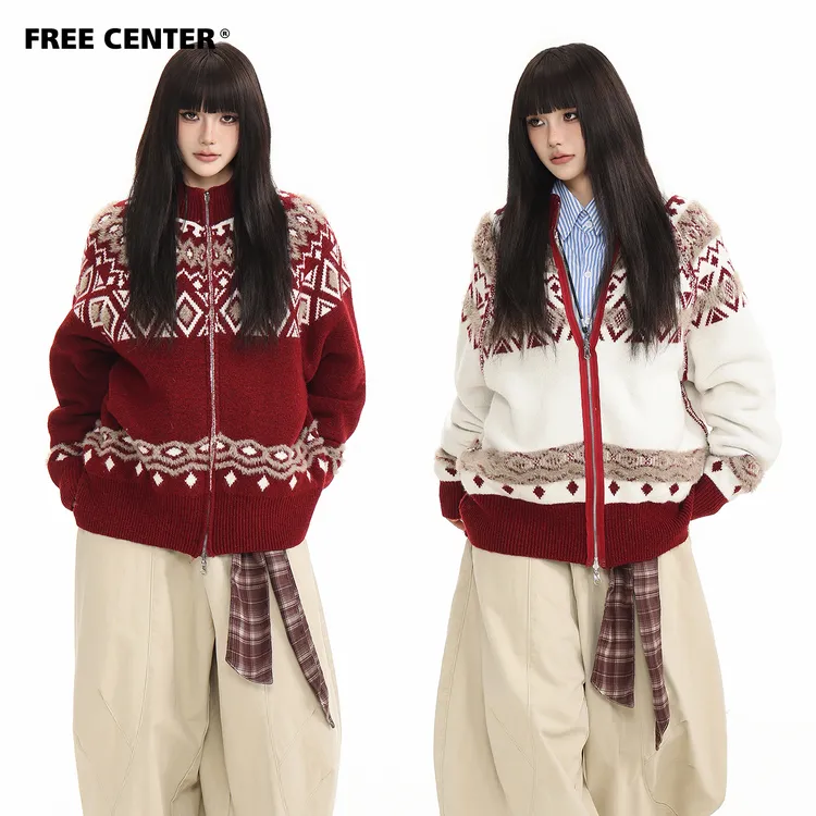 FreeCenter两面穿费尔岛提花毛衣男女秋冬复古慵懒风针织开衫外套