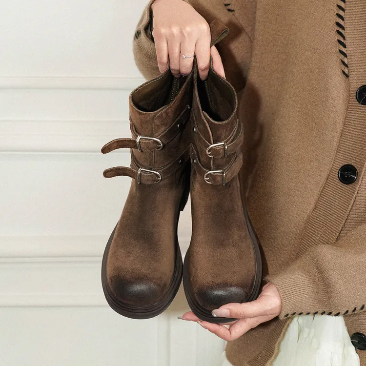 复古做旧擦色皮带扣西部牛仔靴显瘦短靴女美拉德马丁靴百搭