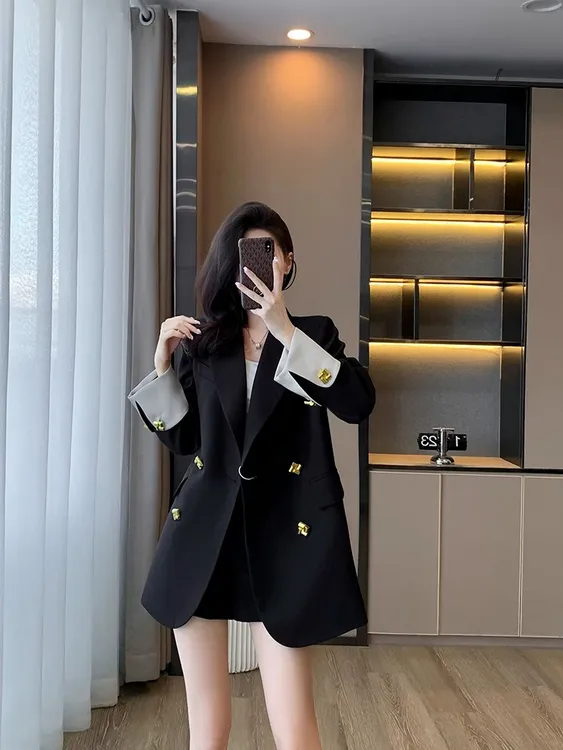 女宽松休闲风常规款长袖通勤西装小个子秋季黑色韩版0200