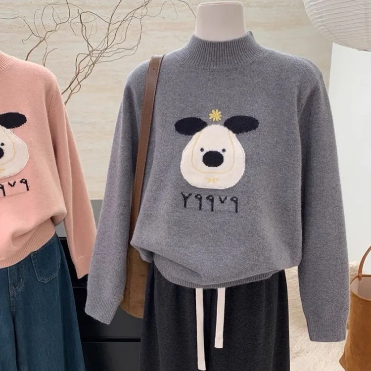 【80-180斤】半高领卡通提花针织衫毛衣女秋冬小众松弛感显瘦上衣女