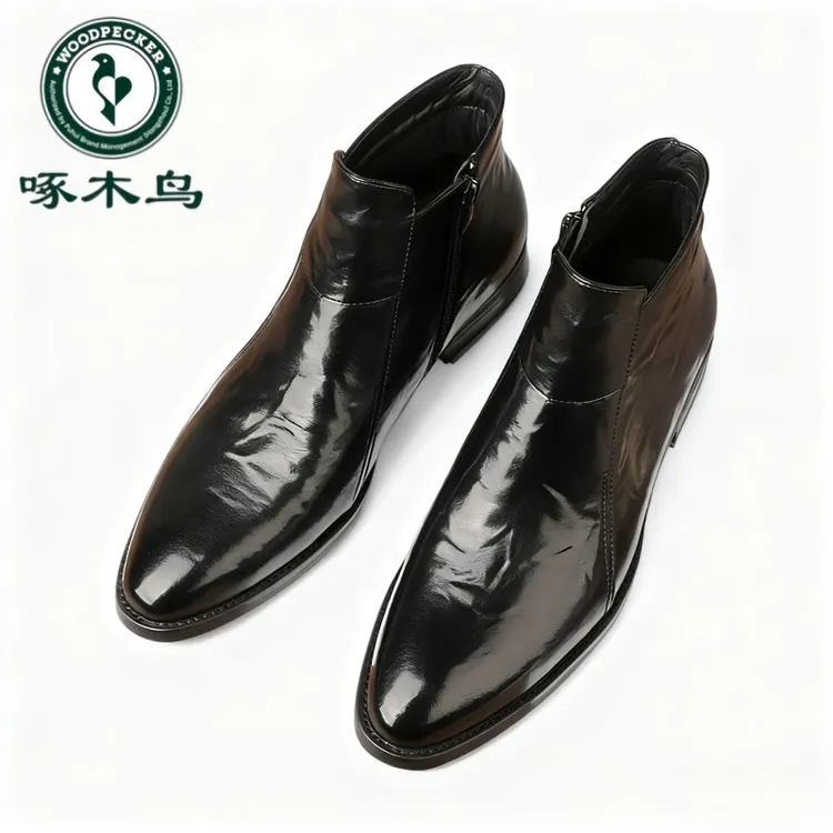 啄木鸟切尔西靴男士尖头商务皮鞋高帮加绒保暖英伦时尚皮靴子男款