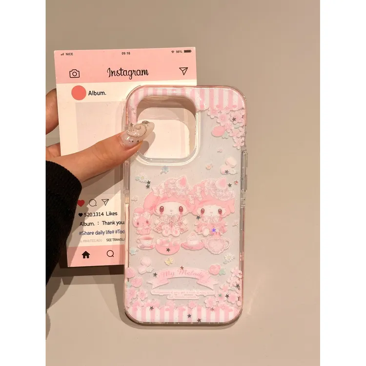 可爱粉边美乐蒂小羊双面壳适用苹果16promax/15Pro/14/13全包防摔