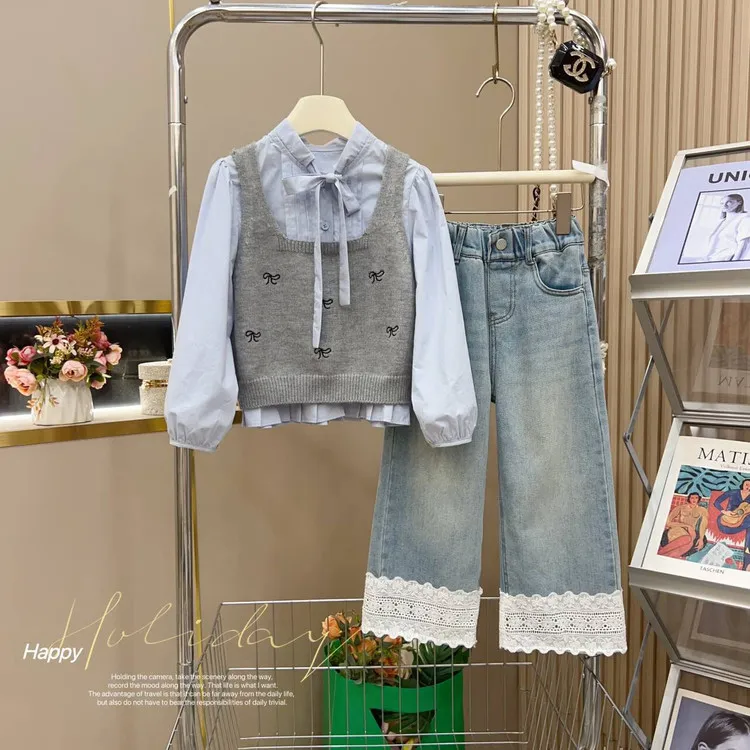 女童春装套装2025新款洋气时髦大童衬衫背心马甲牛仔裤春季三件套