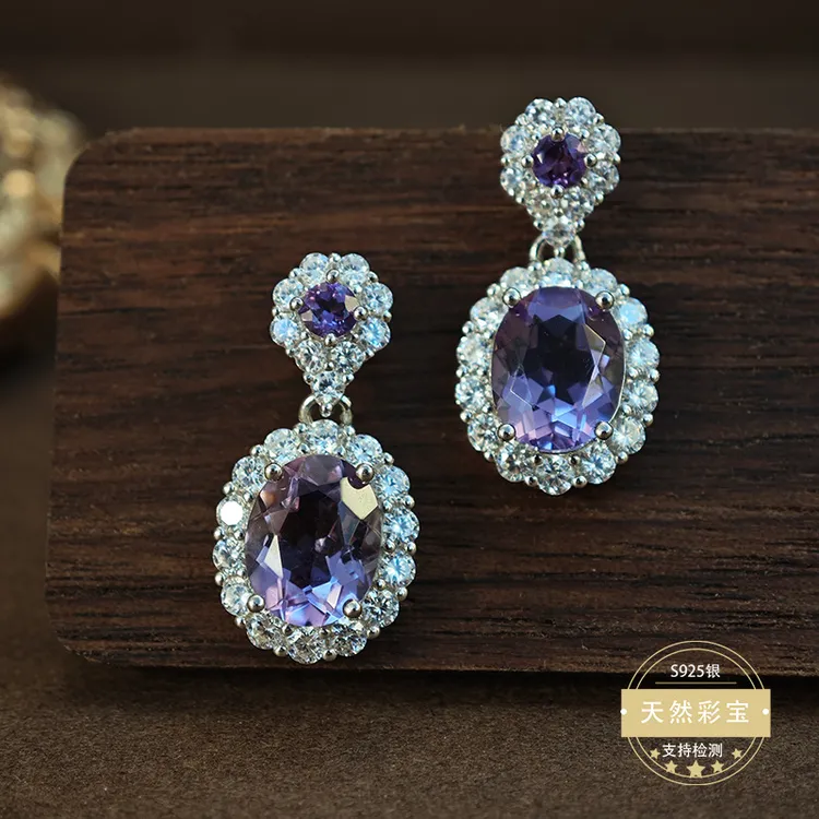 天然紫水晶耳钉镶嵌通体s925银饰品简约个性典美优雅耳饰水滴