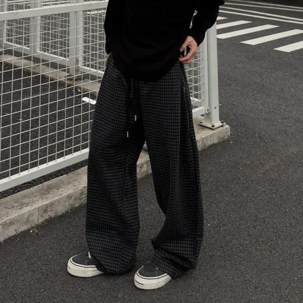 加绒格子休闲裤美式宽松褶皱男士卫裤阔腿裤直筒裤中腰