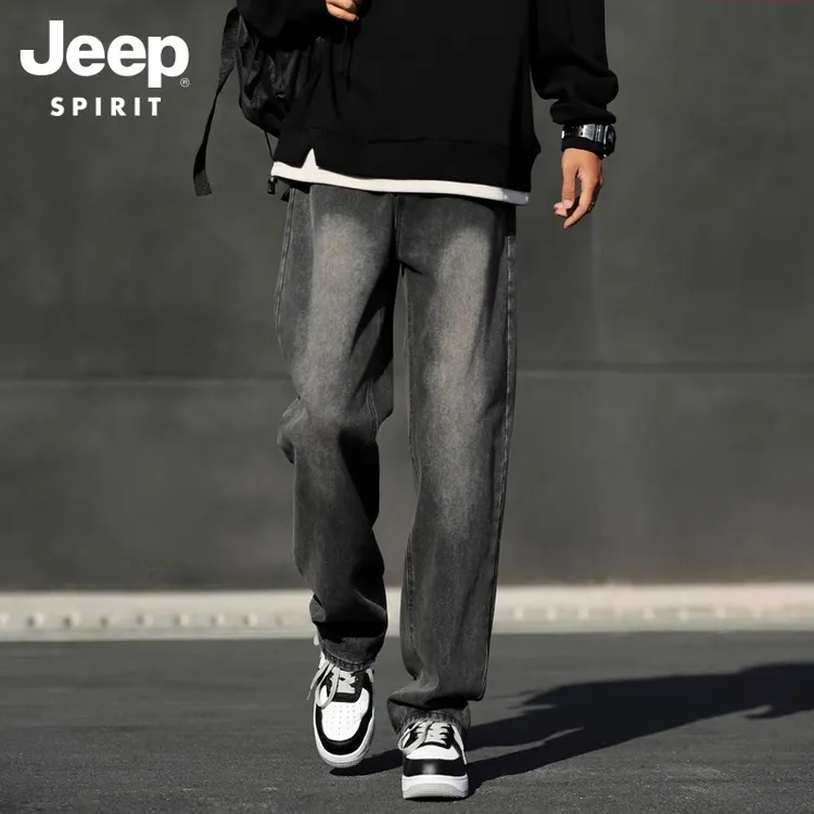Jeep吉普烟灰色牛仔裤男款2025新款春秋季男士复古宽松直筒阔腿裤