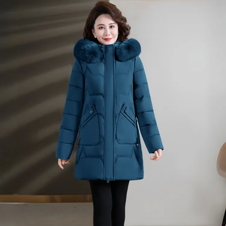 妈妈装冬季新款中长款修身保暖棉衣可脱卸帽时尚毛领加厚棉服外套