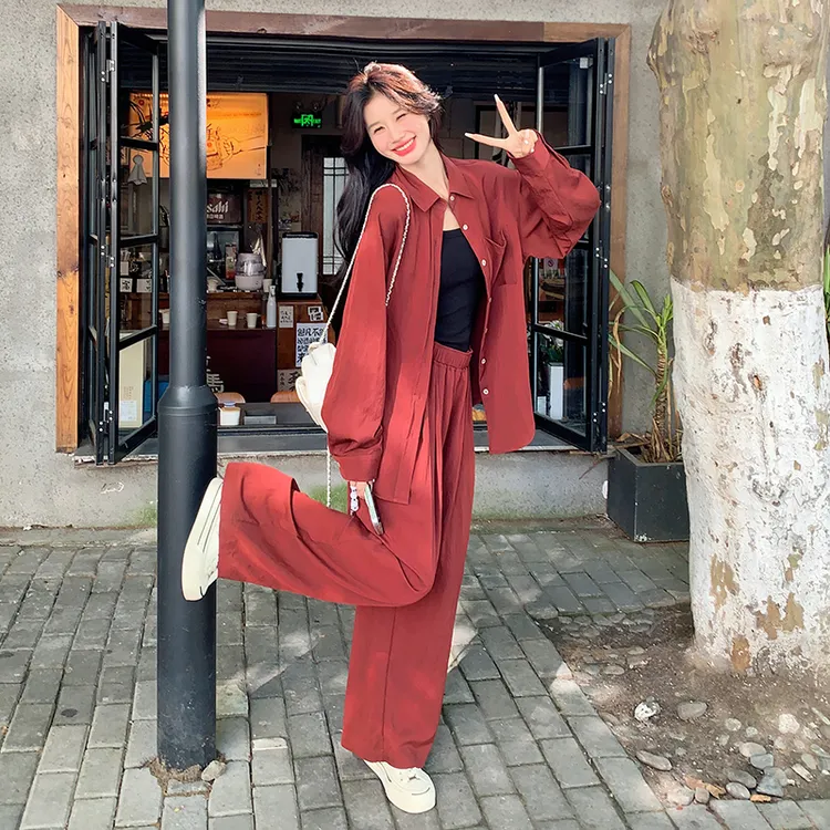 红色温柔宽松慵懒衬衫套装女春秋新款休闲显高显瘦直筒长裤两件套