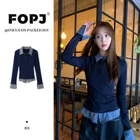 FOPJ韩版设计感POLO领假两件长袖女士春秋休闲百搭修身显瘦打底衫