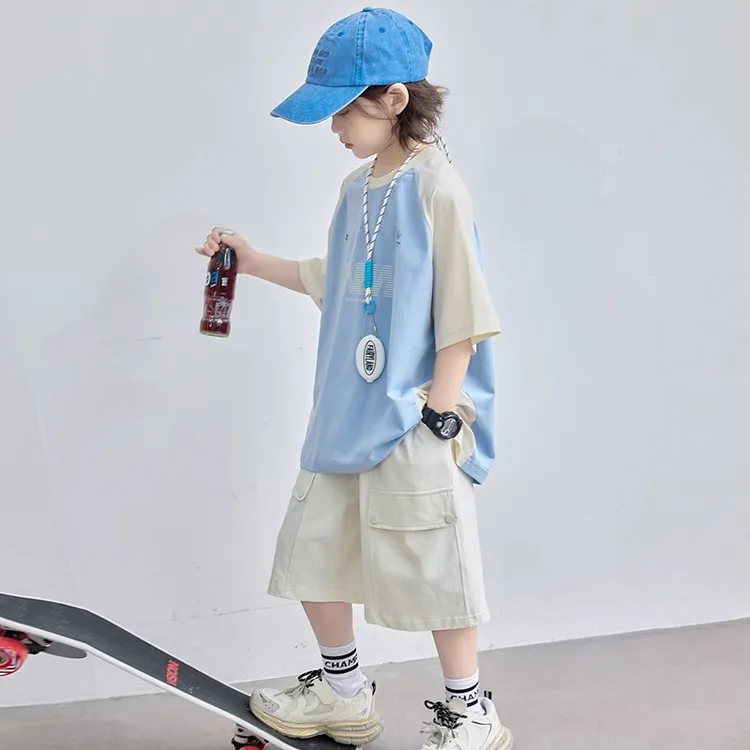 男童夏装运动短袖套装2025新款中大儿童夏季炸街夏款拼色两件套潮