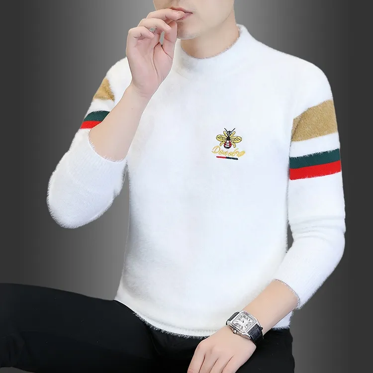 毛衣男貂绒加绒加厚保暖针织衫秋季半高领学生休闲潮流打底线衣