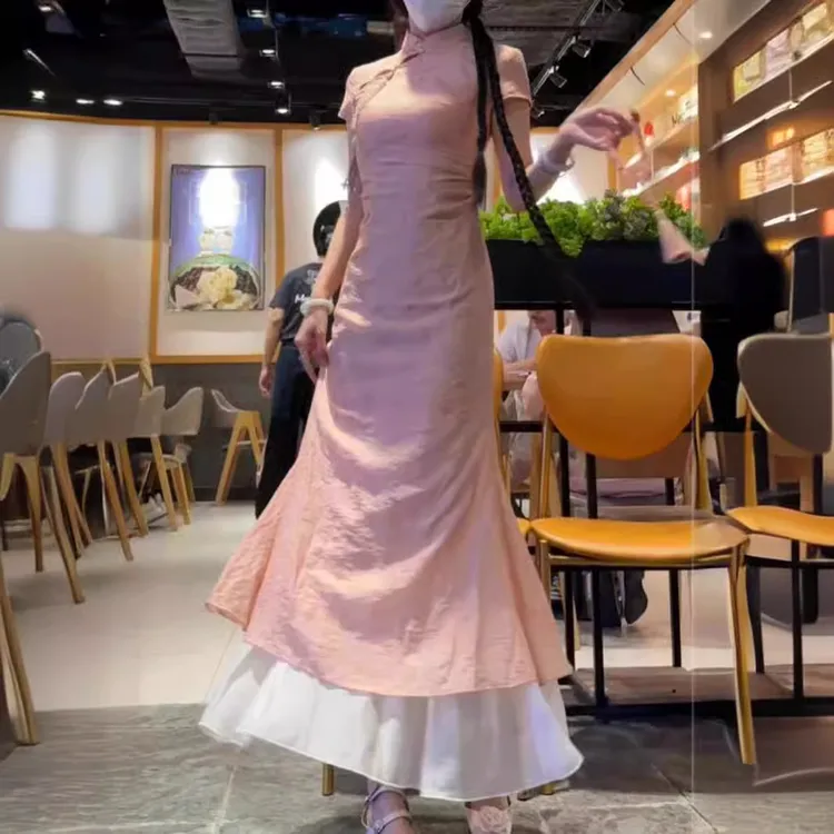 复古新中式立领改良旗袍连衣裙女2025夏季新款国风显瘦长裙鱼尾裙