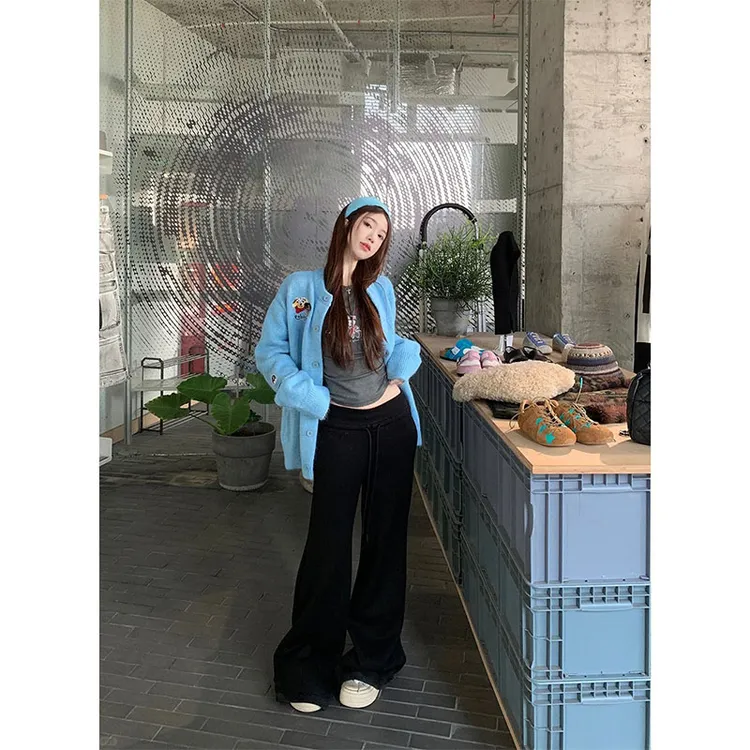 甜美风软糯舒适小狗刺绣宽松长袖毛衣开衫高腰百搭休闲直筒阔腿裤
