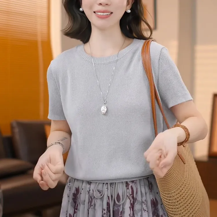 允古儿直播间同款2025夏季新款极简慵懒风高级感圆领针织女上衣