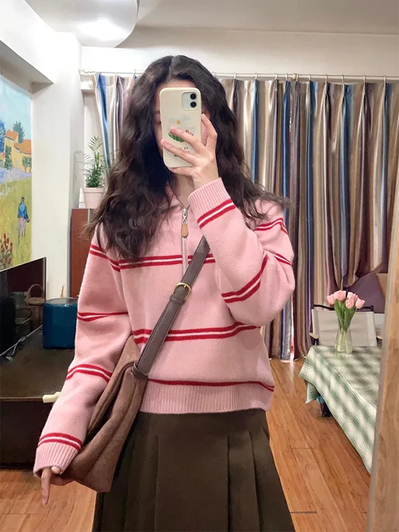 粉色polo条纹撞色毛衣女秋冬季新款半拉链套头内搭针织衫宽松上衣