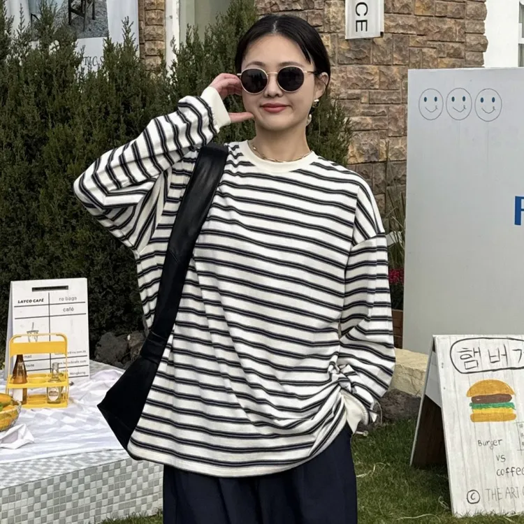 SeaWhen海维恩2025春季新款减龄百搭宽松条纹T恤衫3374