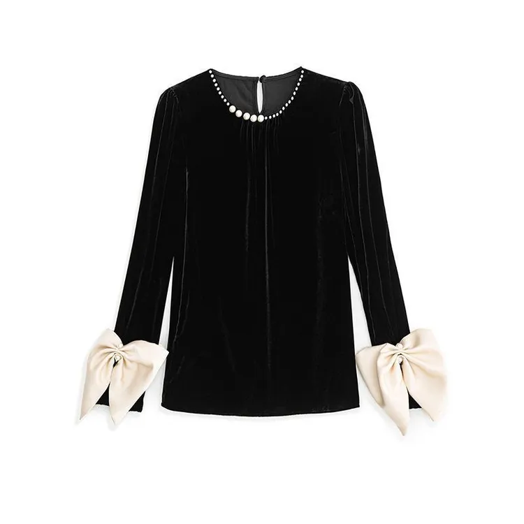 2025春季新款香风蝴蝶袖珍珠圆领桑蚕丝绒小洋气衫精致洋气打底衫