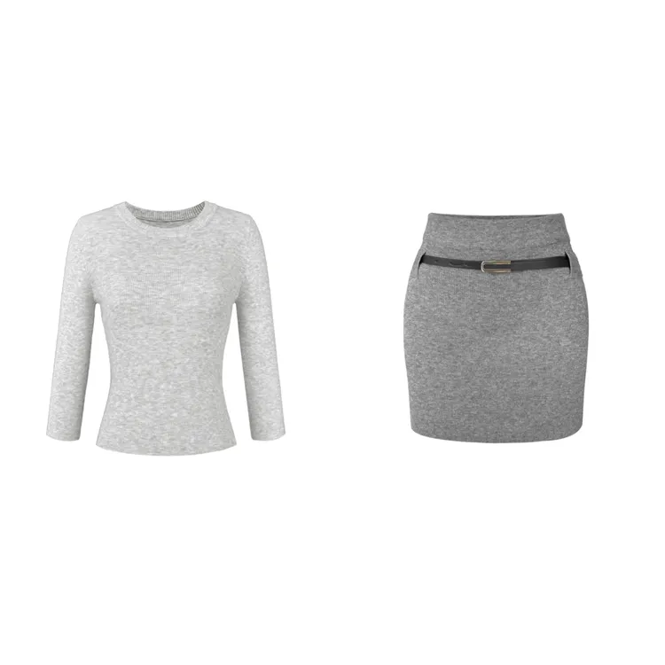高智韩女 修身显瘦灰色针织衫套装女包臀半身裙两件套H 8801#