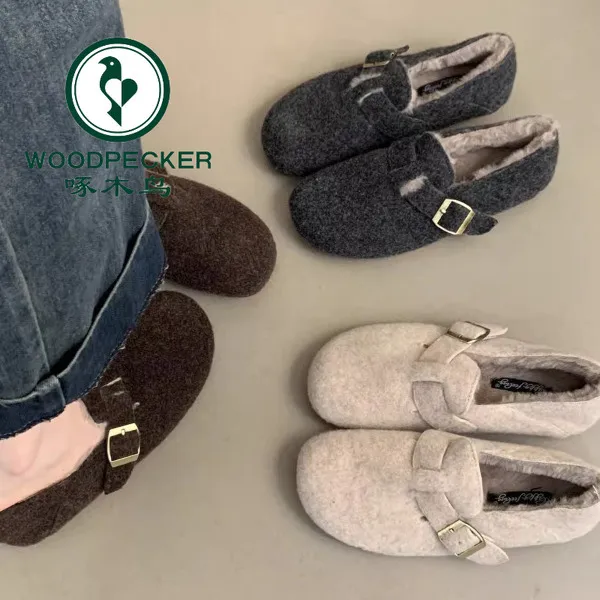 啄木鸟呢子勃肯鞋女秋冬加绒新款韩版法式复古平底一脚蹬保暖棉鞋