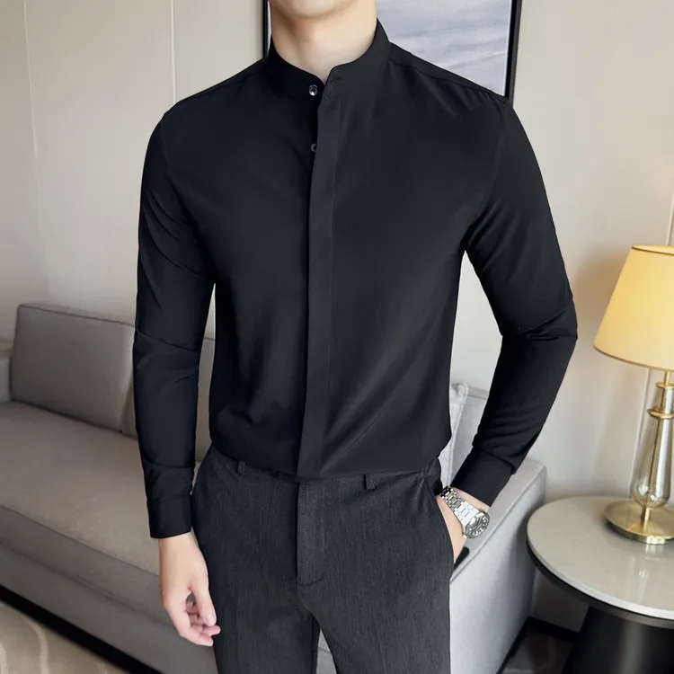 新中式小立领衬衫男士纯色中国风秋季长袖高端衬衣中山装设计感