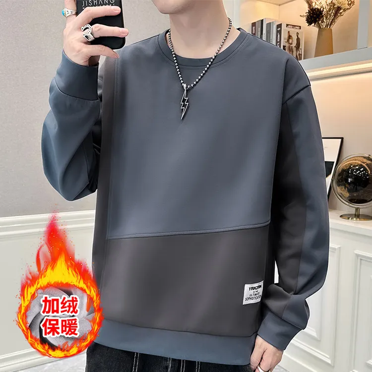 美式复合拼接卫衣男士2024秋冬新款加绒加厚宽松休闲圆领男装上衣