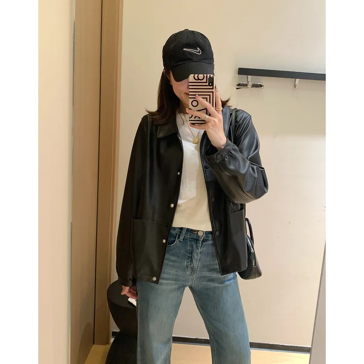 大叮自制【本命皮衣】肉感抓皱压花小翻领宽松短款皮衣外套！S6267