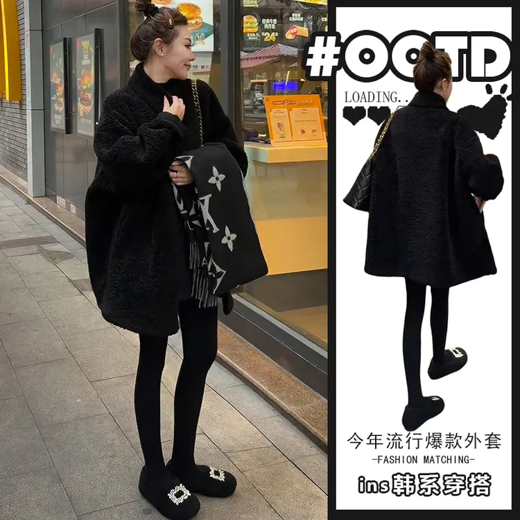 韩剧穿搭时尚黑色显瘦外套女秋冬季新款皮毛一体保暖加厚毛毛大衣