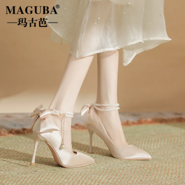 MAGUBA/玛古芭轻奢高跟鞋女细跟尖头一字珍珠扣带淑女仙女风气质