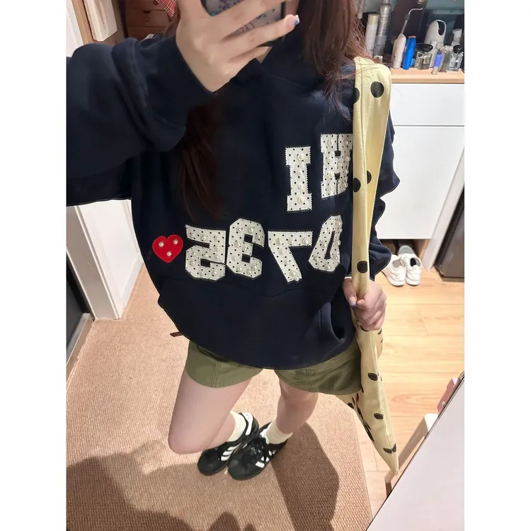 黎帮主 韩系刺绣字母钉珠连帽卫衣女春秋款宽松百搭显瘦通勤上衣