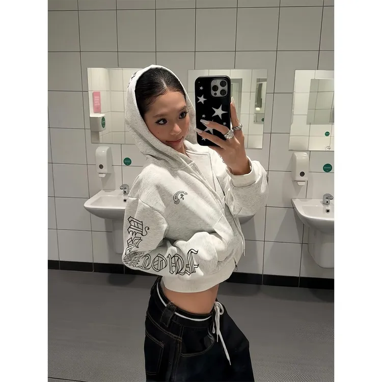 美式复古辣妹开衫连帽卫衣洋气女字母印花设计长袖拉链短外套上衣