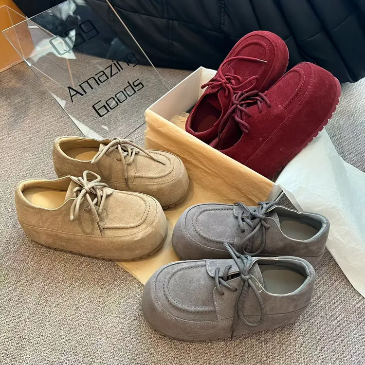 广州欧货【奶酪布丁】春季萌头真皮5cm系带复古学院气质百搭松糕鞋