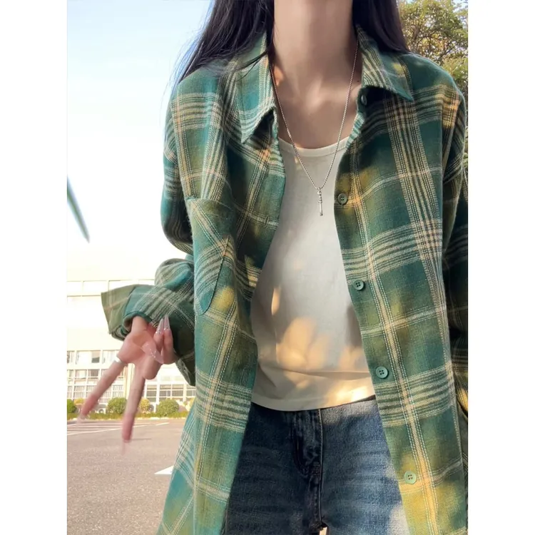 美式绿色格子衬衫男款秋季高级感长袖衬衣慵懒风vintage复古外套
