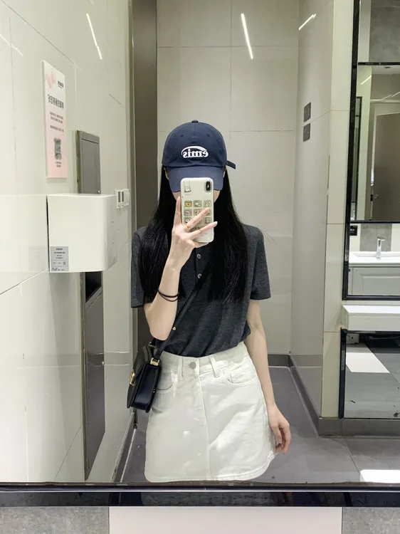 夏季新款洋气衣服女韩系灰色polo领短袖高级气质上衣高腰短裙套装