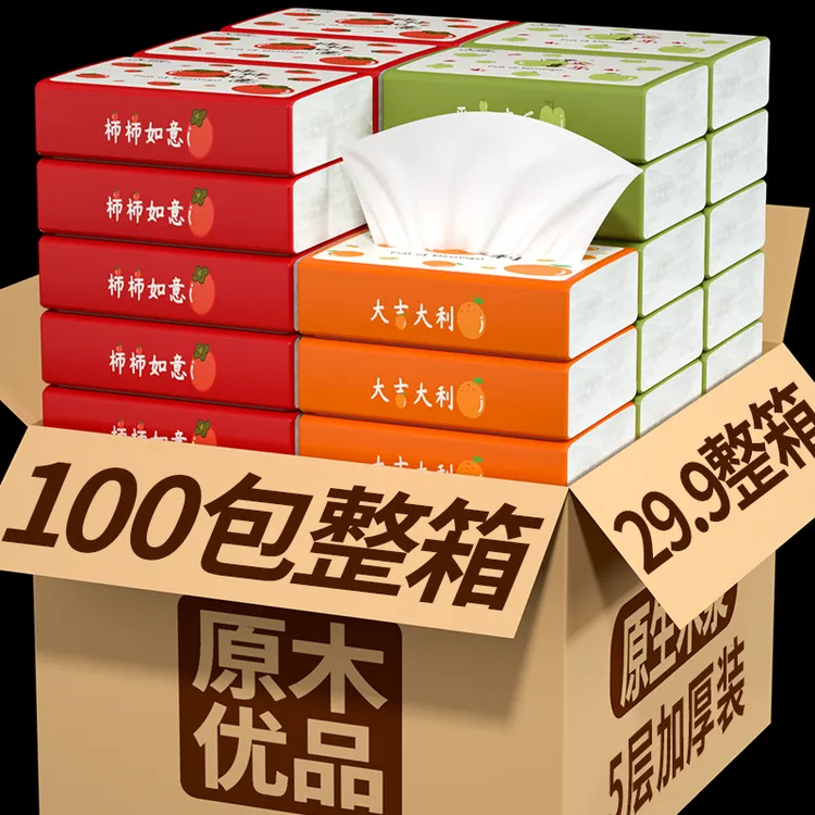 【新人享】100包随身装抽纸巾5层印花家用实惠卫生纸洗脸面巾纸箱批