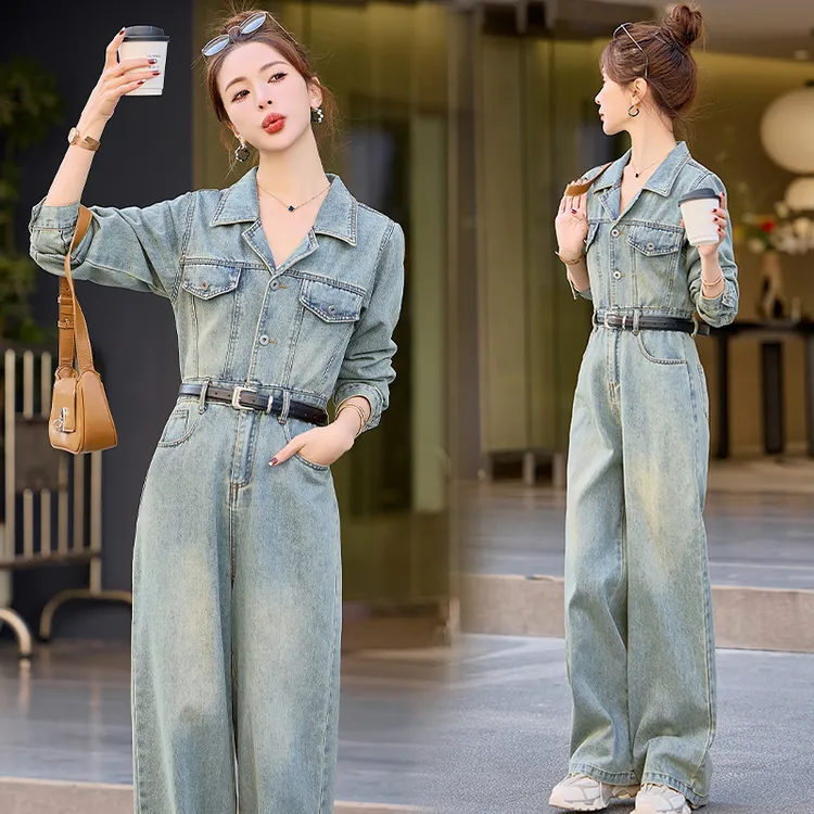 休闲时尚复古牛仔连体裤女2025春秋新款高级感收腰显瘦阔腿连衣裤