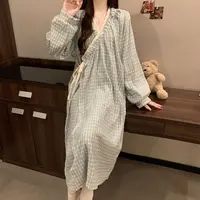 芯语婷春秋季新款蓝色格子长袖睡裙女云朵泡泡纱甜美可外穿家居服