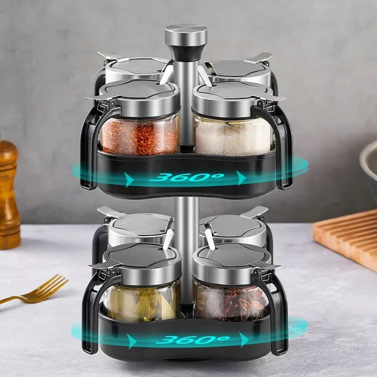 日本玻璃调料罐厨房家用油壶组合套装旋转调味瓶味精盐罐调料盒罐