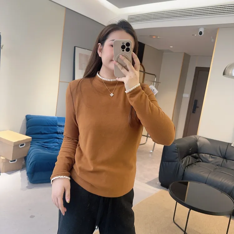 【欧加粒粒】秋冬半高领拼接德绒T恤打底衫百搭气质 H825130