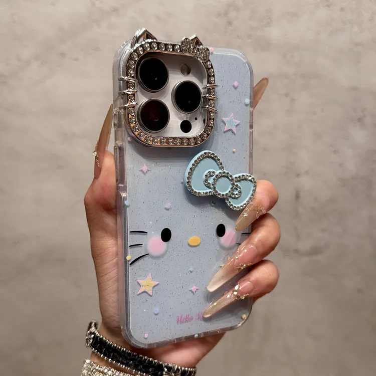 可爱猫耳闪钻镜头适用iPhone17promax手机壳15pro网红14蝴蝶结13