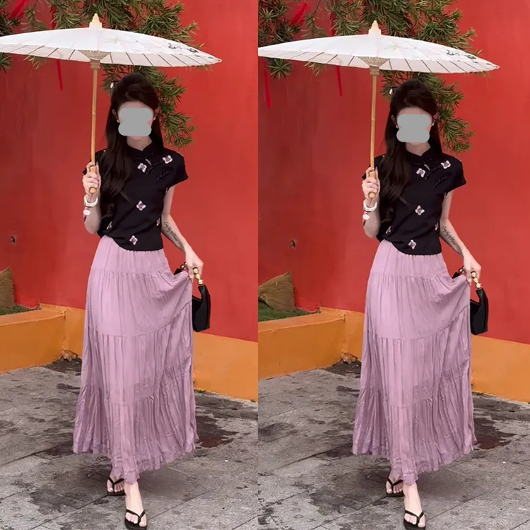 新中式套装女2025夏季高级感刺绣蝴蝶盘扣衬衫+粉色半身裙两件套