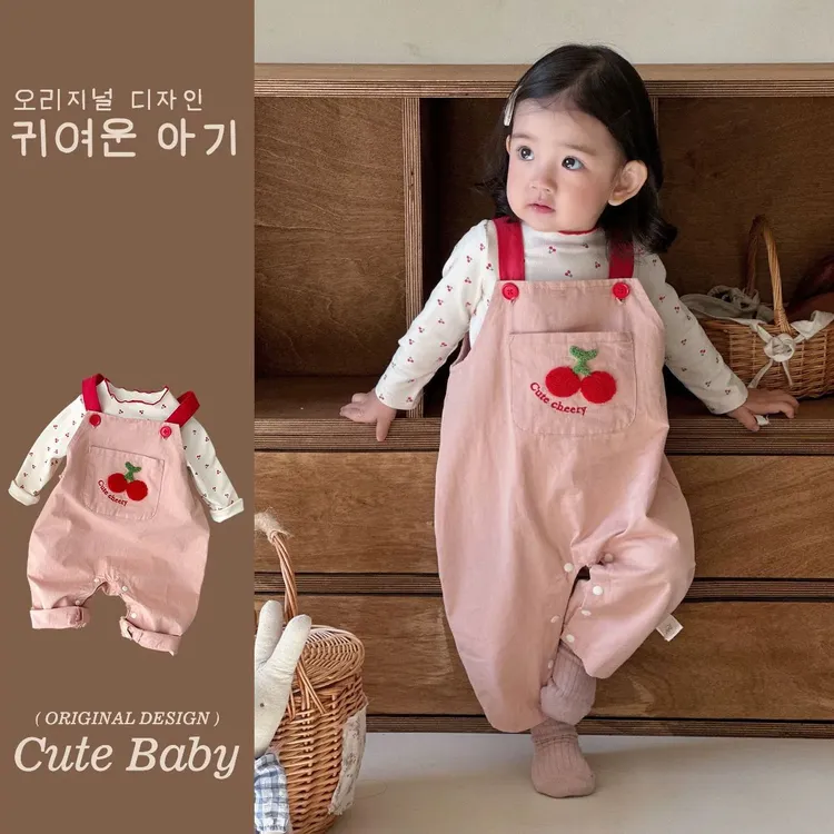 女宝春装洋气韩版可爱女童套装春季新款套装小樱桃两件套背带套装