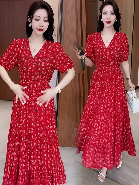 雪纺连衣裙女2025夏季新款洋气质收腰显瘦V领中长款过膝碎花裙子