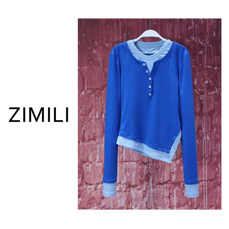 【LIANG哥女装】2025莱赛尔天丝轻薄宝蓝色撞色拼接修身上衣6627