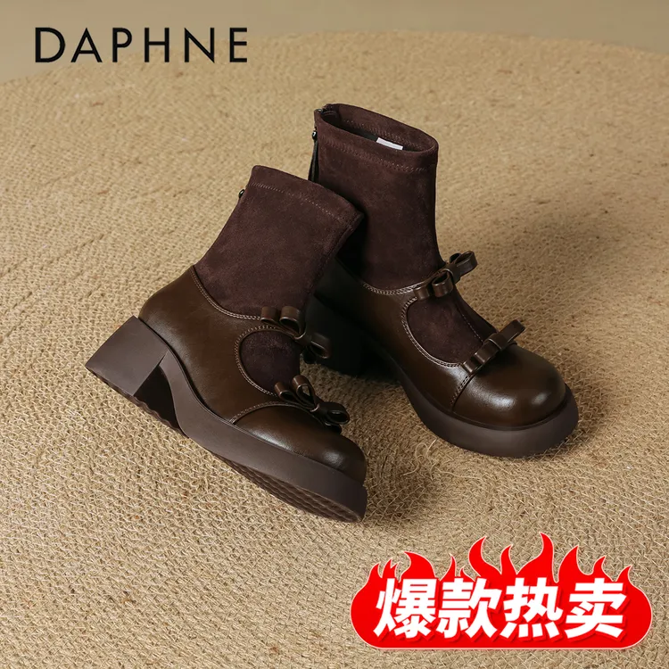 达芙妮琥珀流光短靴女2025秋季新款连袜靴优雅蝴蝶结高跟时尚靴子