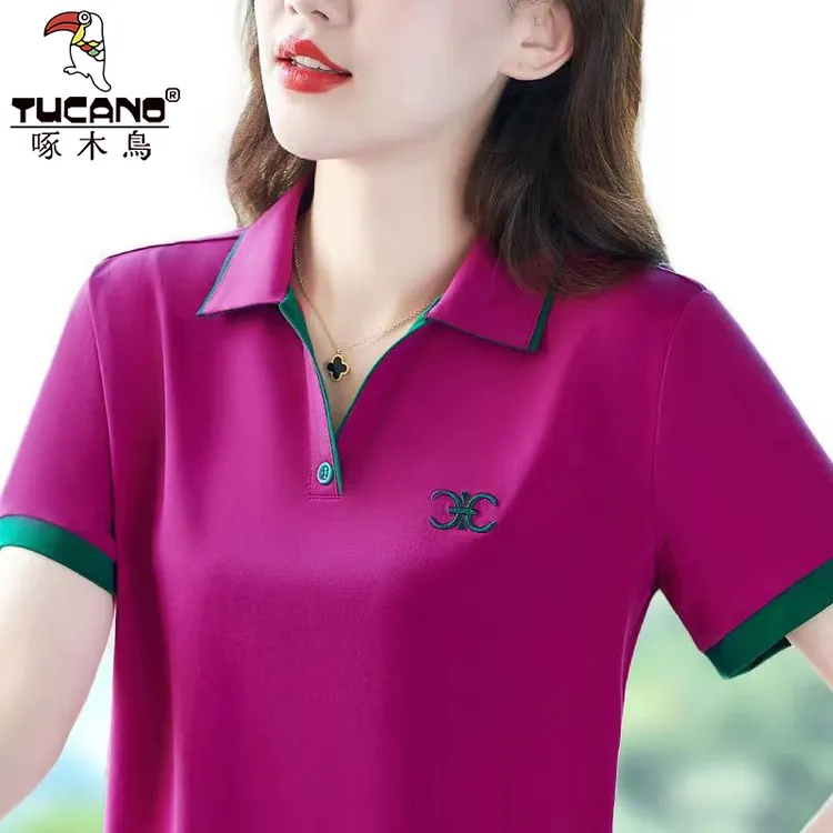 啄木鸟夏季时尚妈妈装拼接纯色Polo领短袖女士洋气减龄潮流T恤衫