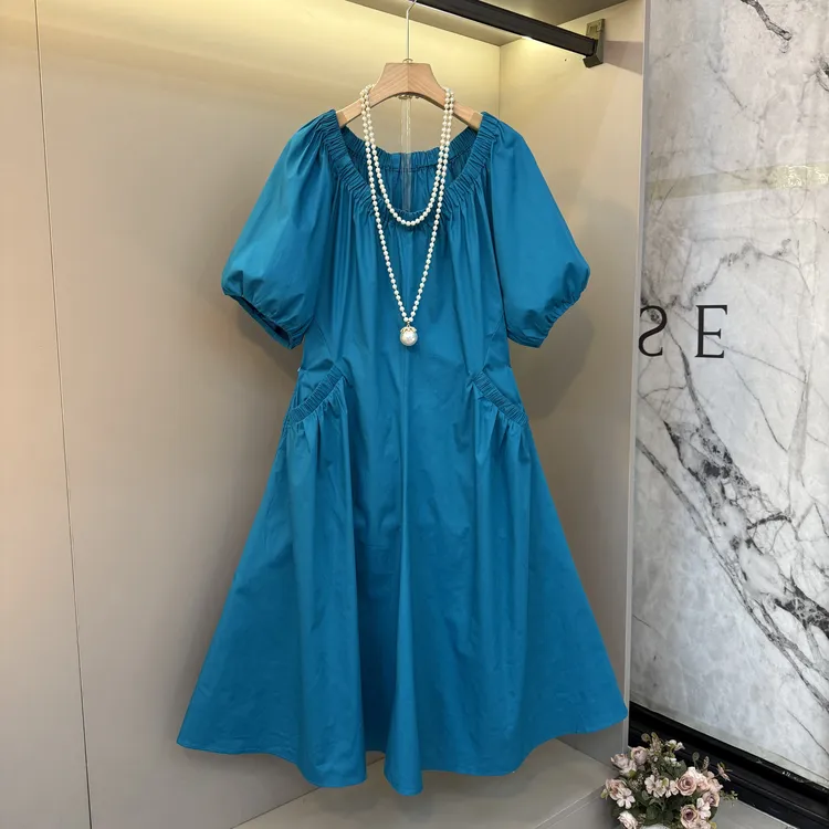 2025新款欧货胖妹妹糖果纯简约插兜松紧v领度假风连衣裙2506