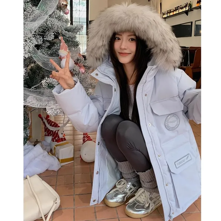 2025新款蓝色派克服羽绒棉服女中长款情侣大毛领保暖棉袄韩版外套